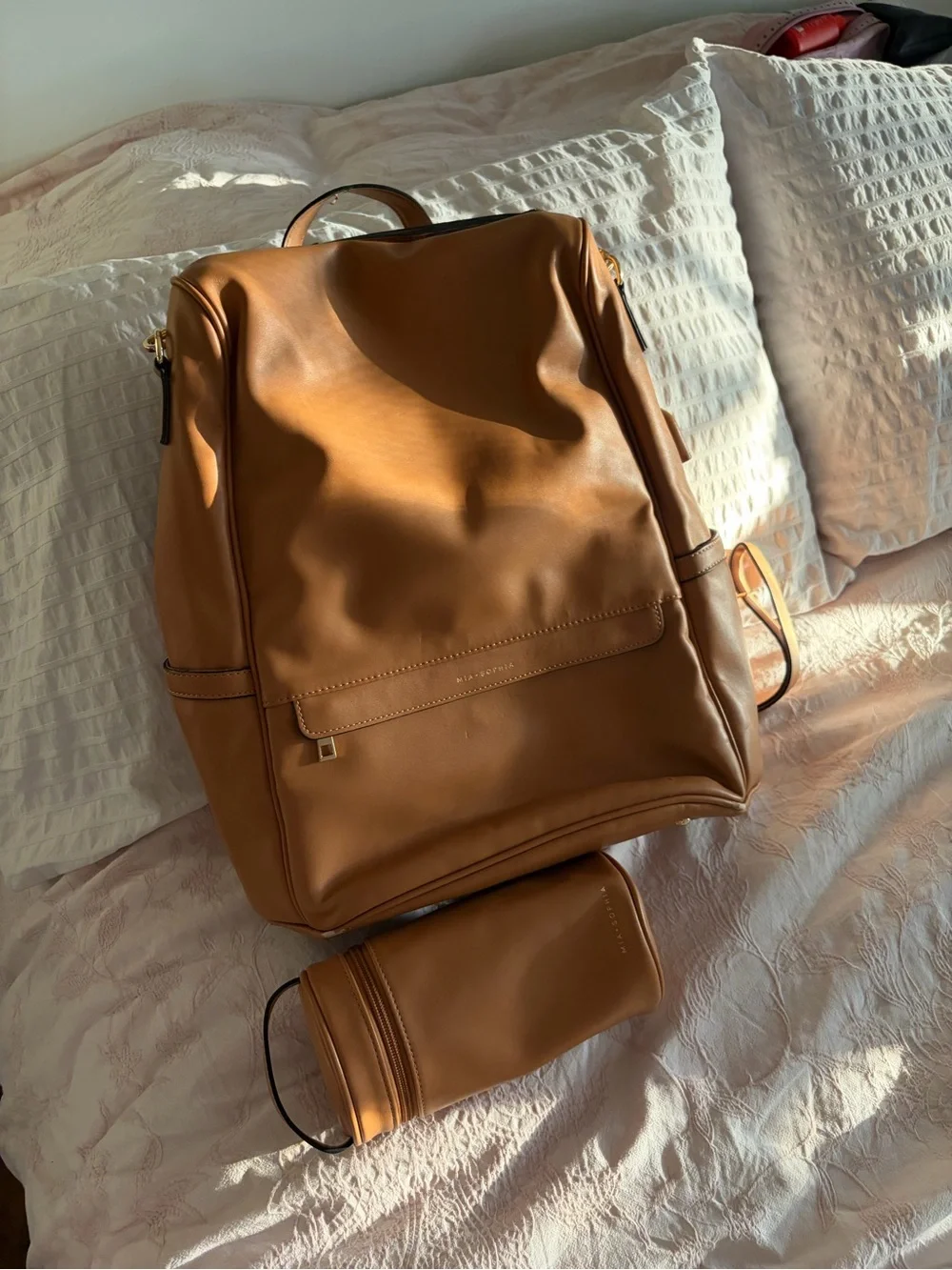 Mia and Sophia backpack diaper bag Tan Leather Convertible Backpack with pouch